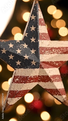 A rustic wooden star ornament depicting the Flag of the United States.