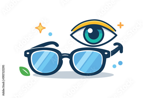 Daily eye care and visual comfort during regular screen use at home or work, a pair of glasses combined with a small eye icon symbolizing vision support and