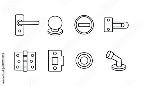 Home door hardware: door handle, door knob, deadbolt, latch, hinge, strike plate, peephole, door stopper