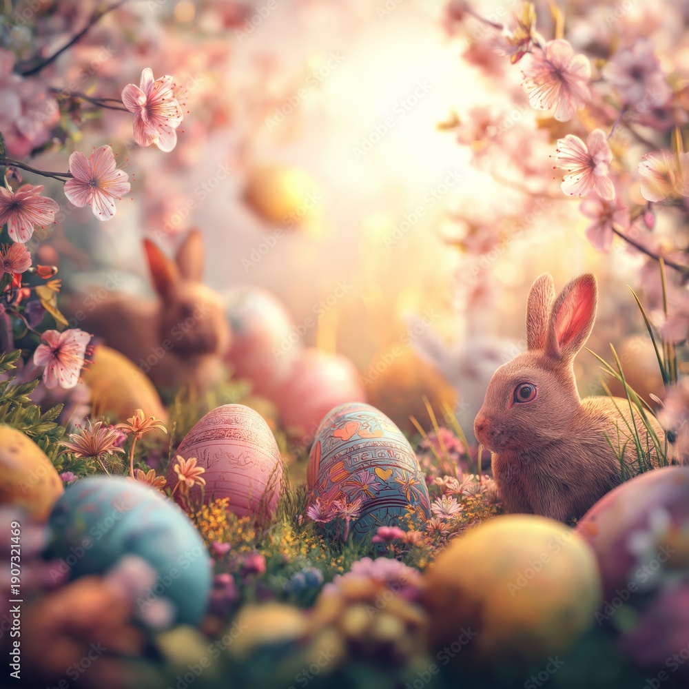 Obraz premium Little bunnies finding colorful Easter eggs in spring garden. Cute bunnies celebrating Easter surrounded by decorated eggs and blooming cherry blossoms