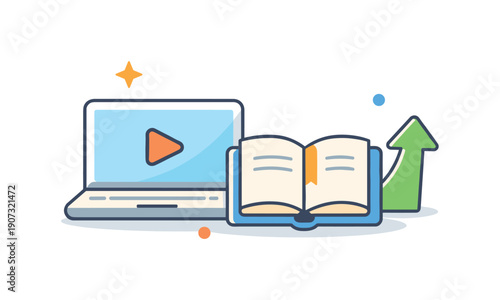 Remote learning and continuous personal development in a digital environment emphasizing accessibility and growth, a laptop paired with an open book and a small