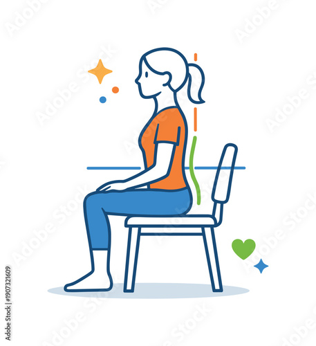 Everyday gentle care for posture and comfort while sitting during daily home routines, a simple chair paired with alignment lines symbolizing mindful sitting