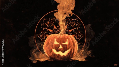 Glowing jack-o'-lantern with smoky aura on a deep black Halloween backdrop