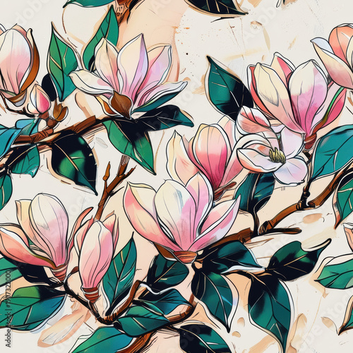 Elegant seamless pattern with stylized pink magnolia blossoms and vibrant green leaves on a light background. Artistic botanical illustration creating a fresh, modern, and detailed floral backdrop.