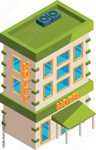 Hotel icon. Isometric building. City street architecture