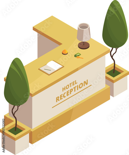 Hotel reception desk. Isometric lobby interior element