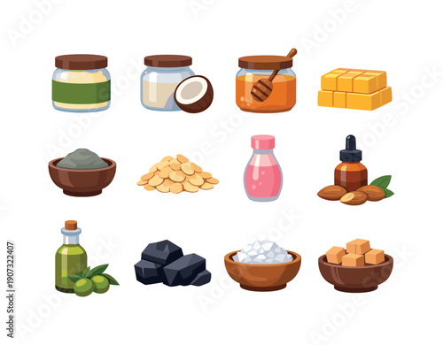 Natural skincare ingredients in flat style: shea butter jar, coconut oil jar, honey jar, beeswax block, clay bowl, oatmeal flakes, rosewater bottle, almond oil