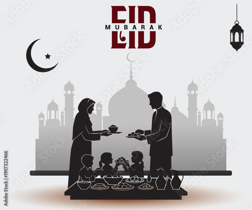 Muslim family breaking fast at iftar, Ramadan kareem silhouette illustratio