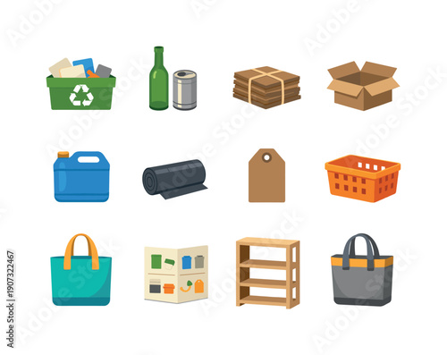 Organized Recycling Icons. Household recycling supplies in flat style: recycling box, glass bottle, metal can, paper bundle, cardboard box, plastic container