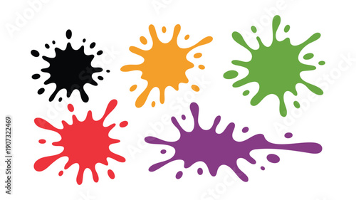 Five colorful paint splatters on white background splash