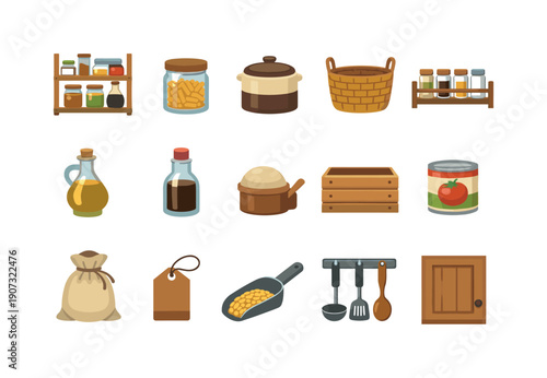 Traditional kitchen storage flat style: pantry shelf, storage jar, ceramic crock, woven basket, spice rack, oil cruet, vinegar bottle, salt cellar, wooden crate