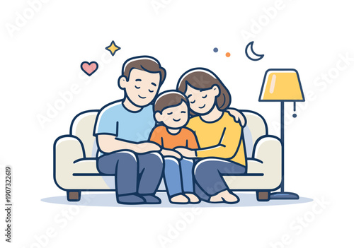 Calm family evening centered on shared rest and emotional closeness at the end of the day, two adults and a child sitting close together on a sofa with a soft