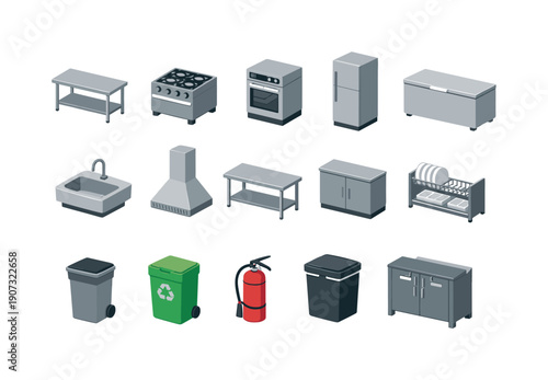 Culinary Kitchen Icons. Culinary education kitchen equipment in simple isometric flat vector style: stainless worktable, gas stove, oven, refrigerator, freezer