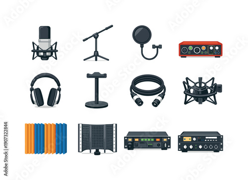 Recording studio audio equipment in flat style: condenser microphone, microphone stand, pop filter, audio interface, studio headphone, headphone stand, mic