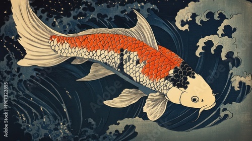 Koi fish swimming in dynamic waves, Ukiyo-e style.