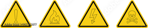 Caution signs set. Fire warning, hazard danger, high voltage icon. Attention, risk, skull, flammable, bone stock vector. risk icon sheet.