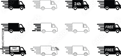 Fast delivery icon set. Rapid delivery icon set. Gratis shipping, express dispatch, 24h service, swift van. Truck pictogram on white background stock vector.