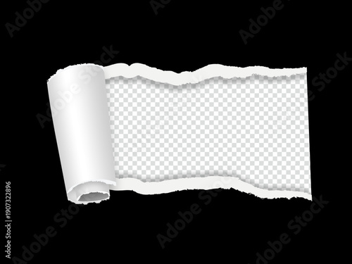Torn white paper scroll with ripped edges revealing transparent space.