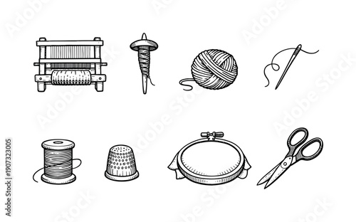 Traditional textile handwork tools doodle hand-drawn vector style: loom, spindle, yarn ball, needle, thread spool, thimble, embroidery hoop, fabric scissors
