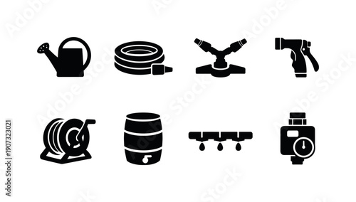 Home garden watering tools: watering can, garden hose, sprinkler, spray nozzle, hose reel, rain barrel, drip hose, water timer