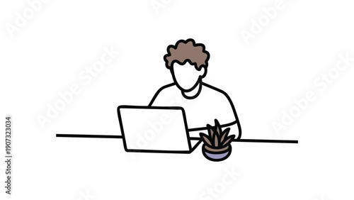Man Working on Laptop with Plant on Desk in Office