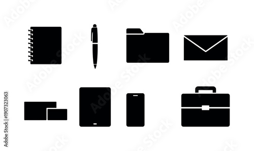 Client portfolio review kit silhouette style: notebook, pen, folder, envelope, business card, tablet, smartphone, briefcase