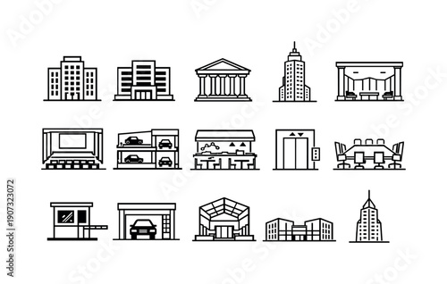 Corporate buildings in linear style: office, headquarters, bank, skyscraper, lobby, conference hall, parking lot, cafeteria, elevator, boardroom, security booth