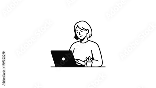 Woman Using Laptop with Coffee Cup