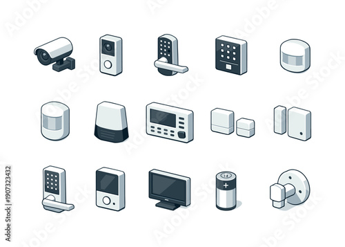 Smart home security devices in simple isometric flat vector style: camera, doorbell, lock, keypad, sensor, motion detector, siren, alarm panel, window sensor