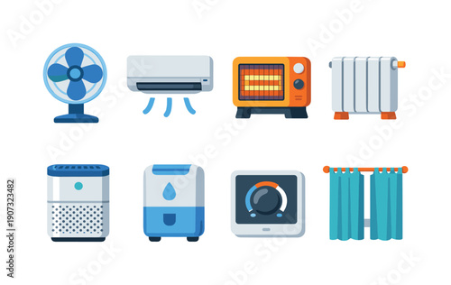 Climate and air comfort devices flat style: electric fan, air conditioner unit, heater, radiator, air purifier, dehumidifier, thermostat device, window curtain