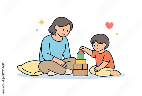 Family Bonding Time. Quiet family afternoon at home focused on shared presence and gentle everyday closeness, a parent and child sitting on the floor building a