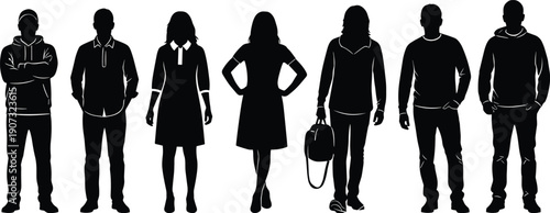 Black silhouettes of diverse people in casual clothing standing in a row including a woman with a bag white background (20 words)