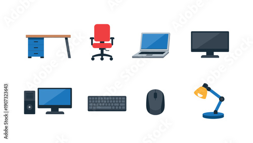 Rental service office essentials flat style: office desk, swivel chair, laptop, desktop computer, monitor, keyboard, mouse, desk lamp