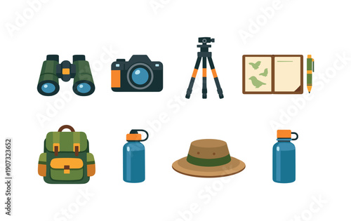 Wildlife observation gear flat style: binoculars, camera, tripod, field notebook, pen, backpack, water bottle, hat