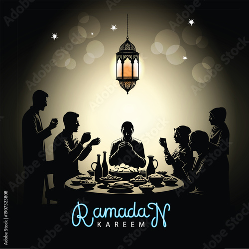 Muslim family breaking fast at iftar, Ramadan kareem silhouette