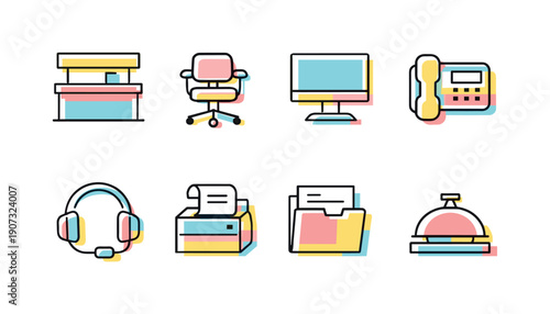 Customer service value counter abstract vector style: service desk, office chair, computer monitor, telephone, headset, receipt printer, document folder, desk