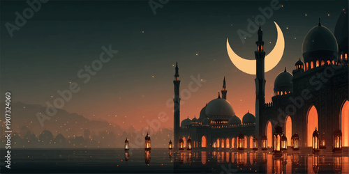 A serene night scene featuring a mosque with a crescent moon and stars in the sky