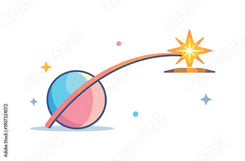 Strategic advantage and optimal timing in complex decisions expressed through cosmic alignment, a planet perfectly lining up with a rising star and a smooth