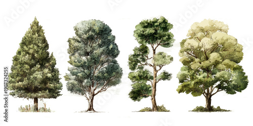 Four different types of trees in a row with varying shades of green and yellow leaves