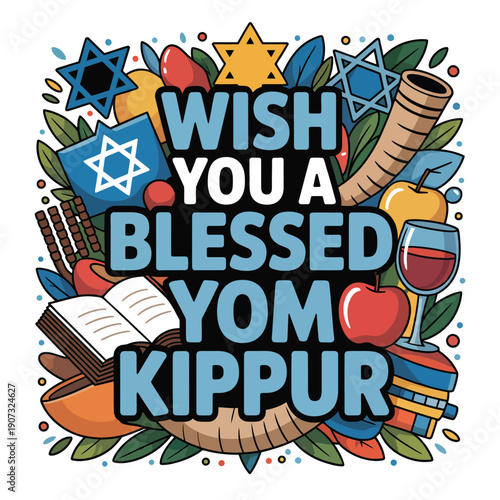 A colorful illustration wishing a blessed Yom Kippur with Jewish symbols and objects.