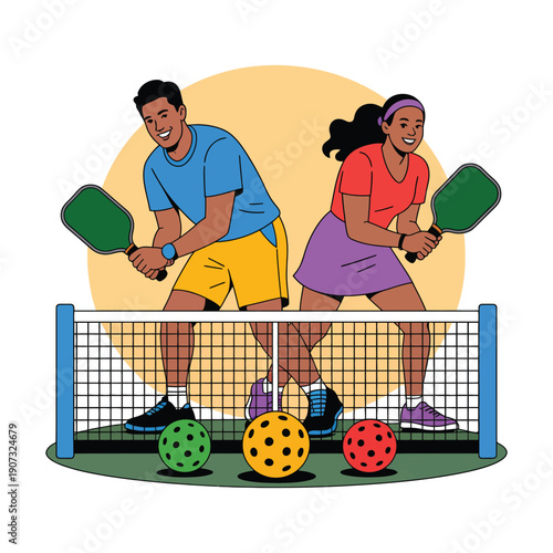 A man and woman playing pickleball together on a court with colorful balls and rackets.