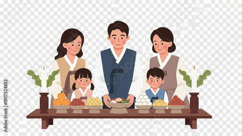 Family in traditional korean clothing enjoying a meal together