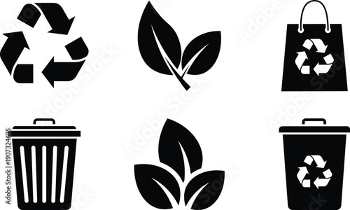 Black recycling symbols leaves shopping bag and trash cans on white