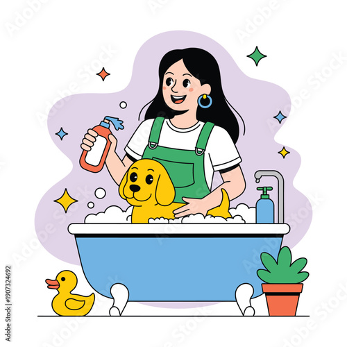 A woman giving a golden retriever a bath in a blue bathtub with soap bubbles and rubber ducky