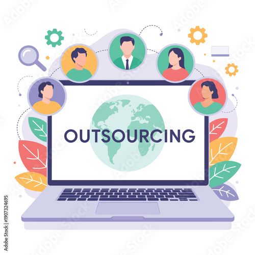 A colorful illustration of a laptop with the word outsourcing on the screen surrounded by people and leaves