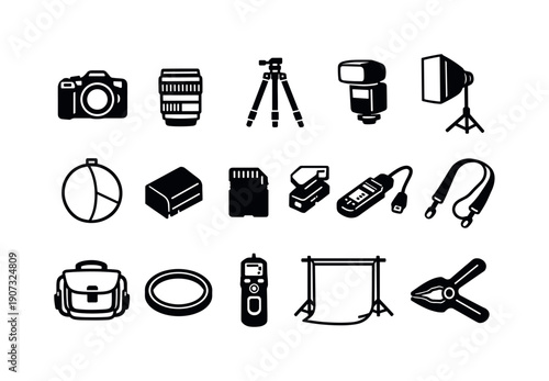 Photography storytelling equipment in linear style: camera, lens, tripod, flash, softbox, reflector, battery, memory card, card reader, strap, bag, filter