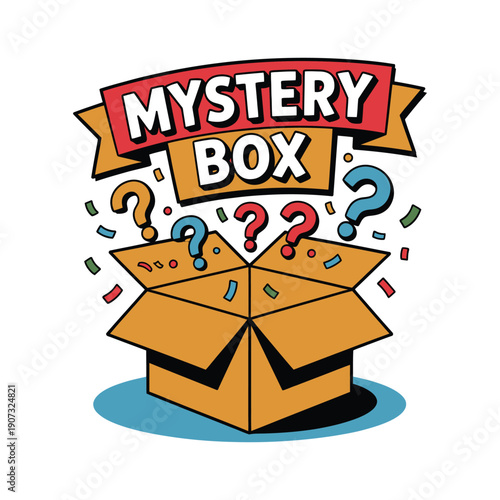 A colorful illustration of an open mystery box with question marks and confetti