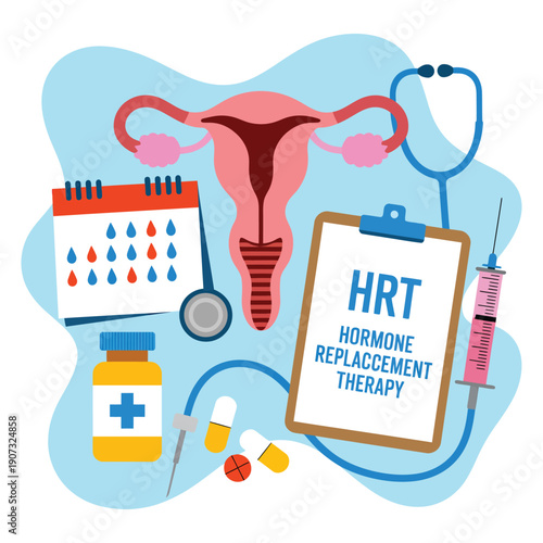 An illustration of hormone replacement therapy or HRT with medical equipment and a female reproductive system.