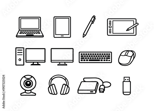 Creative technology devices in linear style: laptop, tablet device, stylus pen, drawing tablet, desktop computer, monitor, keyboard, mouse, webcam, headphone