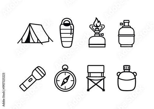 Camping Essentials Icons. Outdoor travel camping basics: camping tent, sleeping bag, camping stove, gas canister, flashlight, compass, folding chair, water